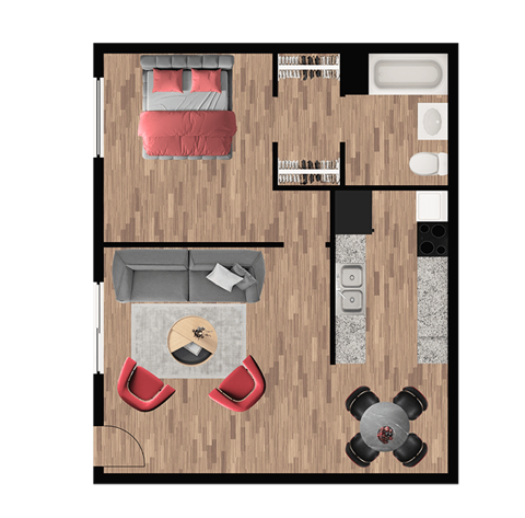 A top-down view of a room with a couch, chairs, a coffee table, and a rug.